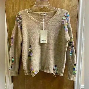 Grifflin Distressed Ripped Sweater with Multicolored Sequins Tan Size S/M Soft